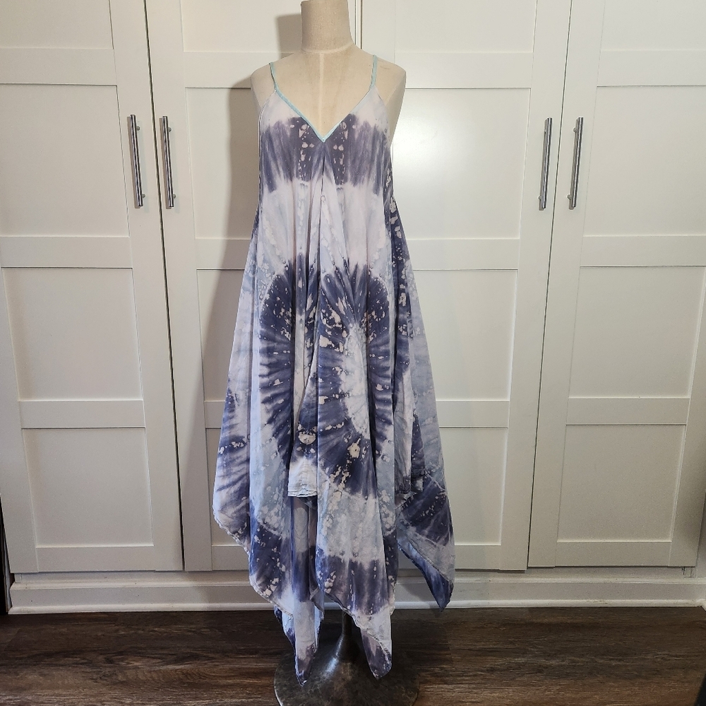 Roberta Roller Rabbit Tie Dye Caftan Dress Blue White O/S Hand Block Inspired